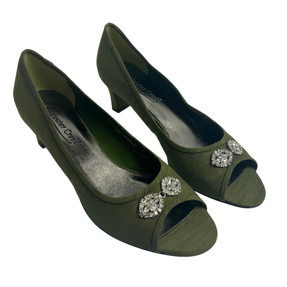 Coldwater Creek Olive Green Peep Toe Kitten Heels Rhinestone Bow Size 9M